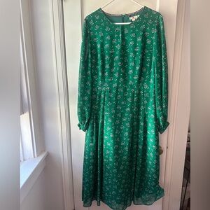 BODEN ADA green floral midi dress with long sleeves keyhole neckline Size US14R